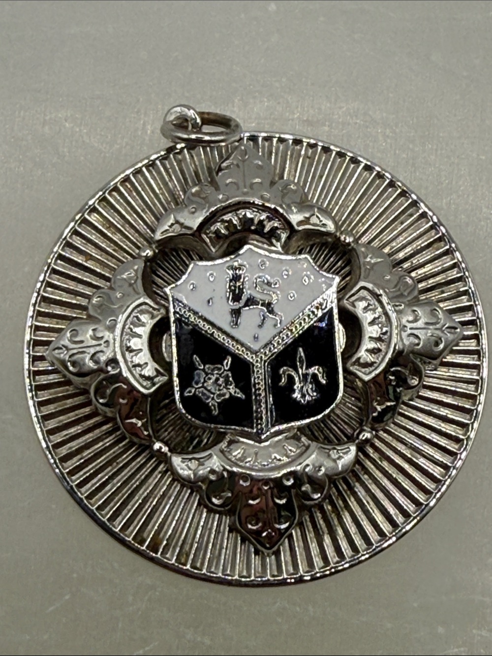 Vintage Silver tone Shield Crest Pendant Necklace charm heraldic lion  coat arms